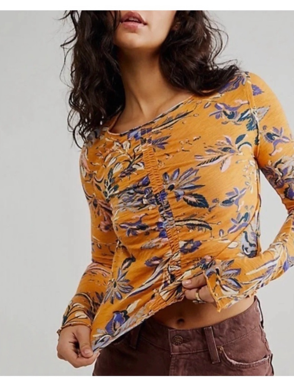 Free People Dreamed Of You Cinched Floral Long Sleeve Top in Honey Combo Small